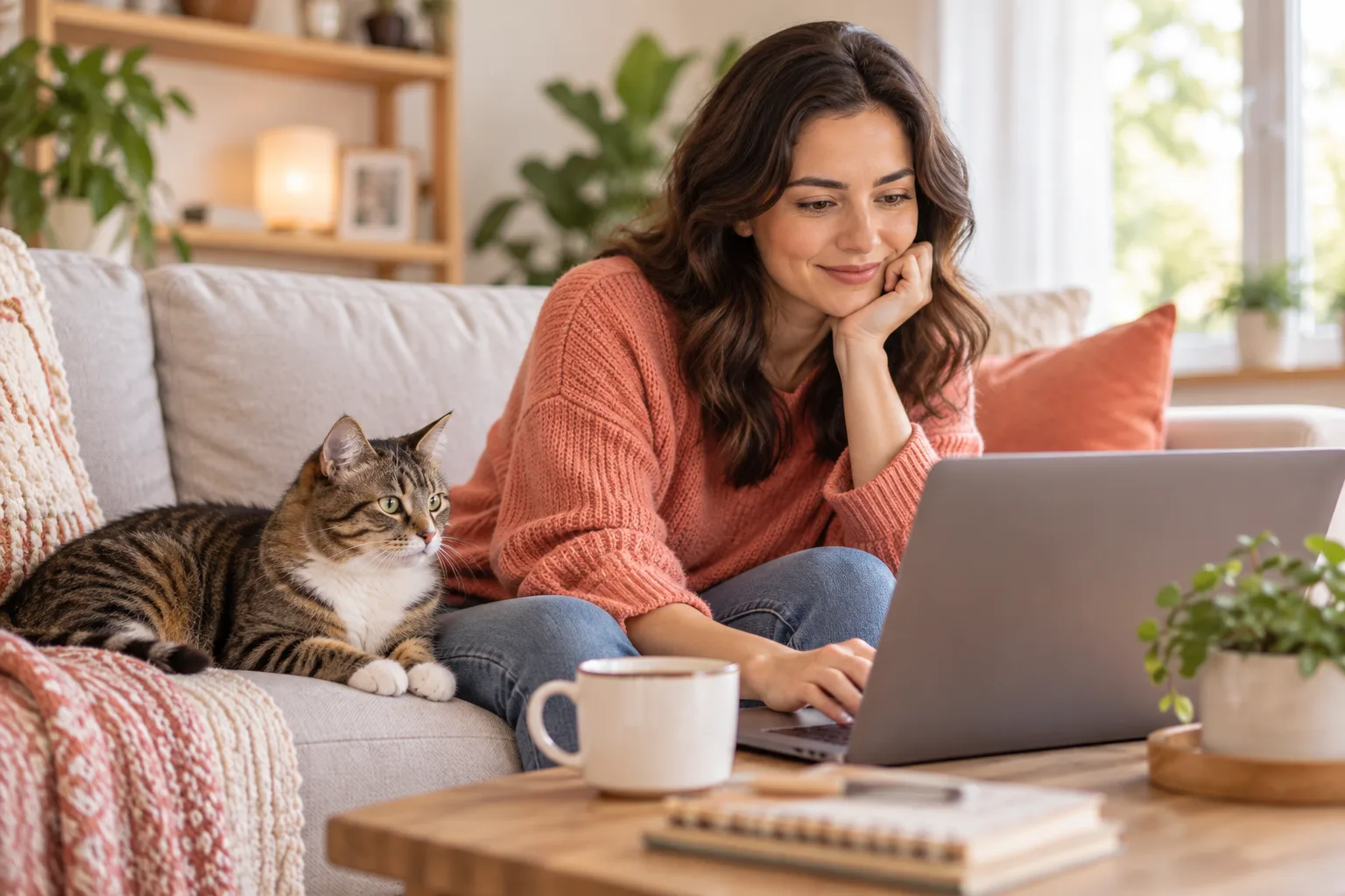 Cat owner at home using a laptop beside a tabby cat