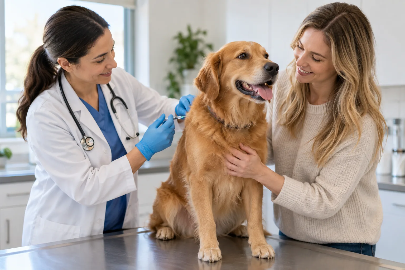 Veterinary professional providing routine care to a dog with its owner present